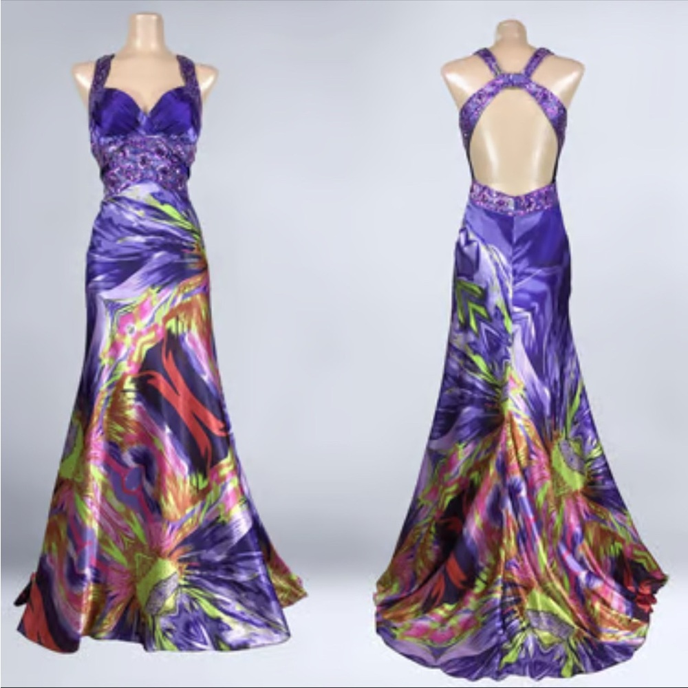 Purple and Gold Ruched Backless Halter Gown